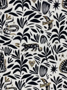 Jacquard lyonnais doré chats serpents noir et blanc