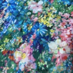 Toile de Coton Giverny fleuris sur fond Bleu
