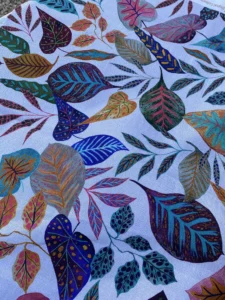 Tissu Toile de Coton feuilles dessinées