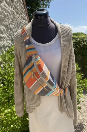 SAC BANANE TOILE DRALON RAYURES ORANGES ROUGES