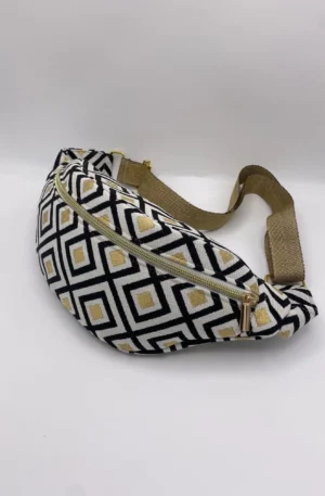 SAC BANANE JACQUARD LOSANGES NOIR ET DORE SANGLE DOREE