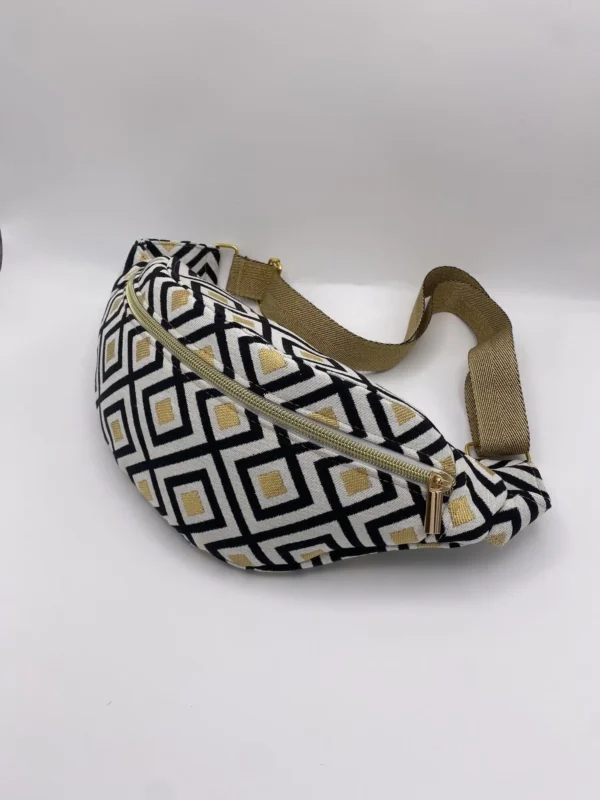 SAC BANANE JACQUARD LOSANGES NOIR ET DORE SANGLE DOREE