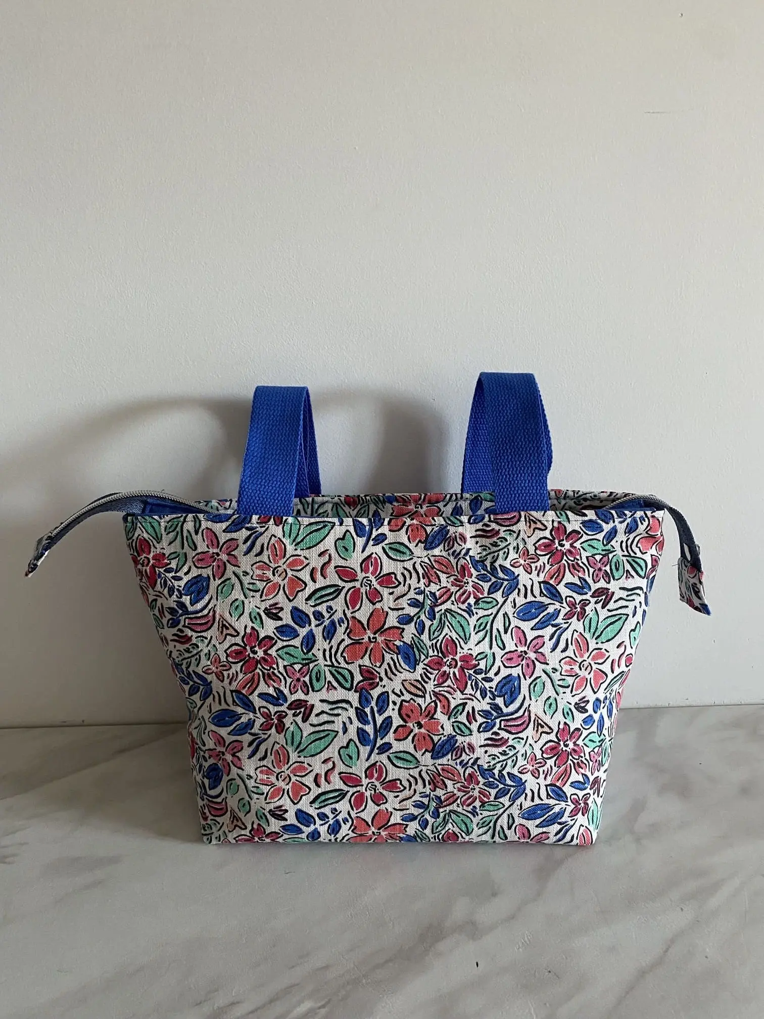 SAC ZIPPE AQUARELLE FLEURS BLEU MODELE TRANQUILLE