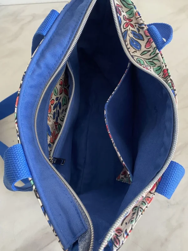 SAC ZIPPE AQUARELLE FLEURS BLEU MODELE TRANQUILLE