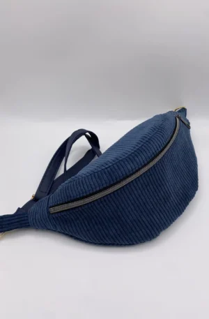 BANANE BLEU VELOURS POCHE INTERIEURE SANGLE SIMILI CUIR