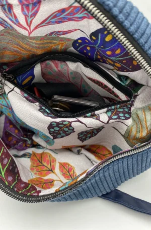 BANANE BLEU VELOURS POCHE INTERIEURE SANGLE SIMILI CUIR