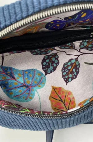 BANANE BLEU VELOURS POCHE INTERIEURE SANGLE SIMILI CUIR
