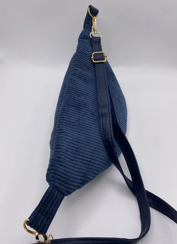 BANANE BLEU VELOURS POCHE INTERIEURE SANGLE SIMILI CUIR