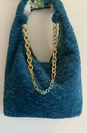 sac DEMI LUNE TURQUOISE FAUSSE FOURRURE