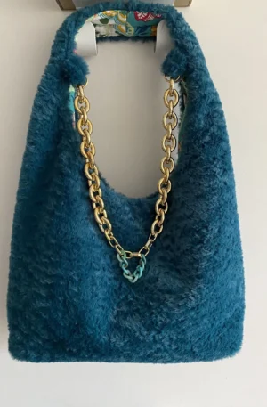sac DEMI LUNE TURQUOISE FAUSSE FOURRURE
