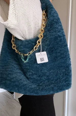 sac DEMI LUNE TURQUOISE FAUSSE FOURRURE