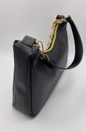 SAC BAGUETTE SIMILI CUIR NOIR CHAINE ACRYLIQUE CREME ET OR
