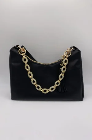 SAC BAGUETTE SIMILI CUIR NOIR CHAINE ACRYLIQUE CREME ET OR