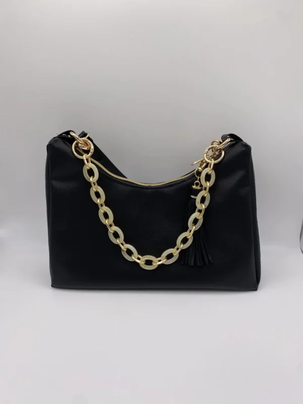 SAC BAGUETTE SIMILI CUIR NOIR CHAINE ACRYLIQUE CREME ET OR