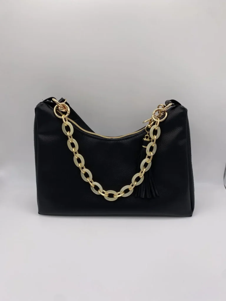 SAC BAGUETTE SIMILI CUIR NOIR CHAINE ACRYLIQUE CREME ET OR