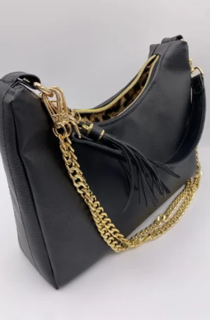 SAC BAGUETTE SIMILI CUIR NOIR CHAINE OR