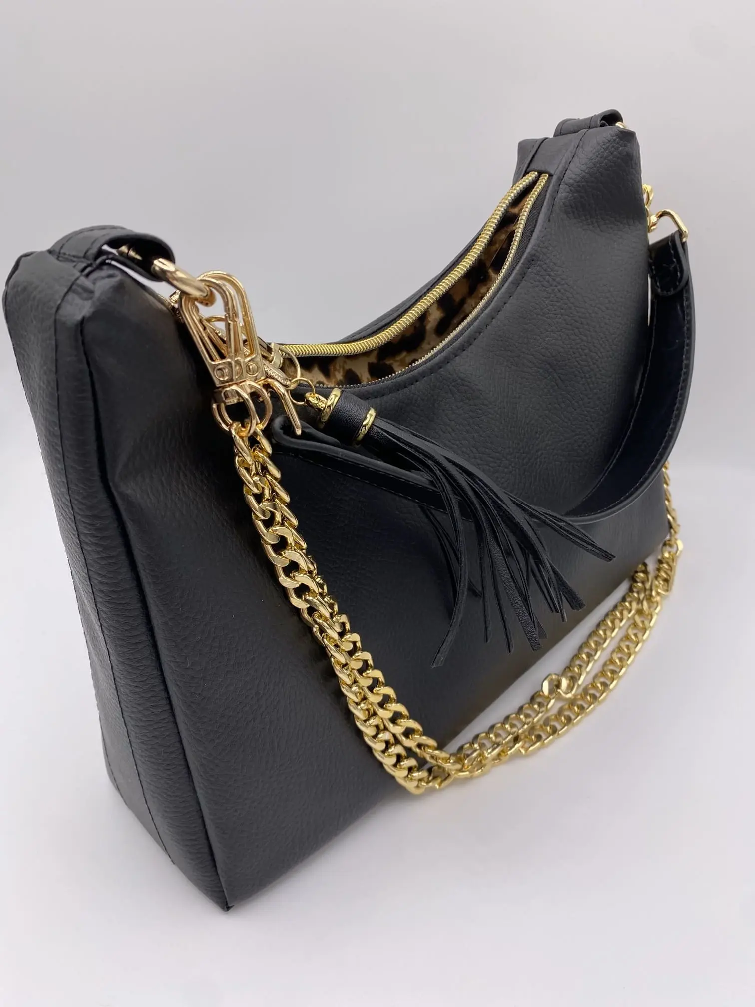 SAC BAGUETTE SIMILI CUIR NOIR CHAINE OR