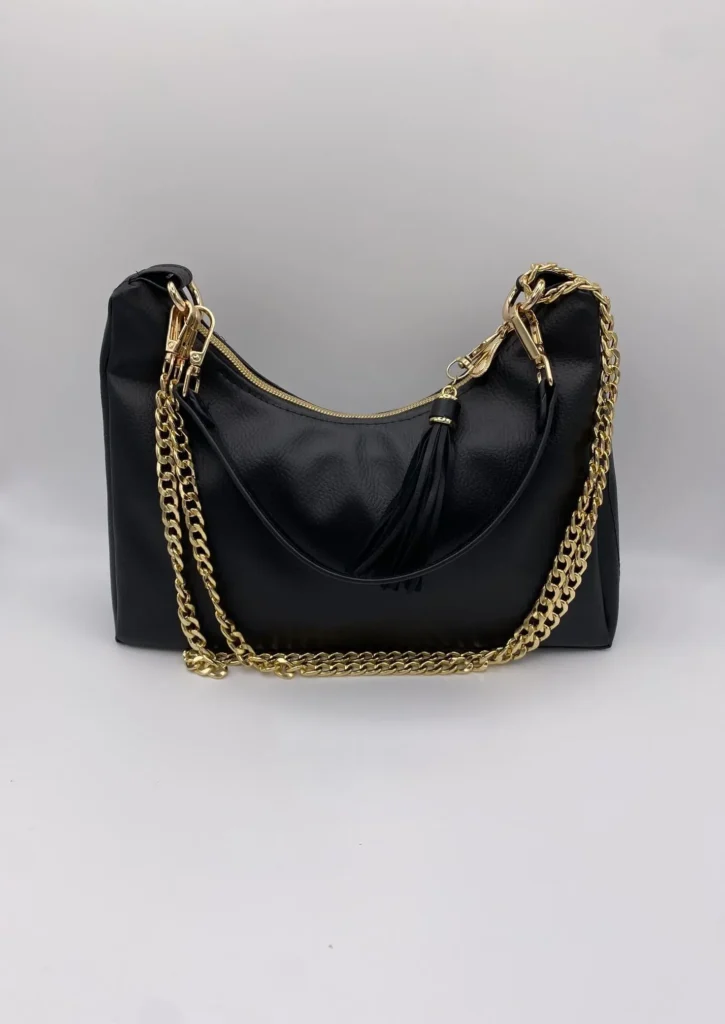 SAC BAGUETTE SIMILI CUIR NOIR CHAINE OR