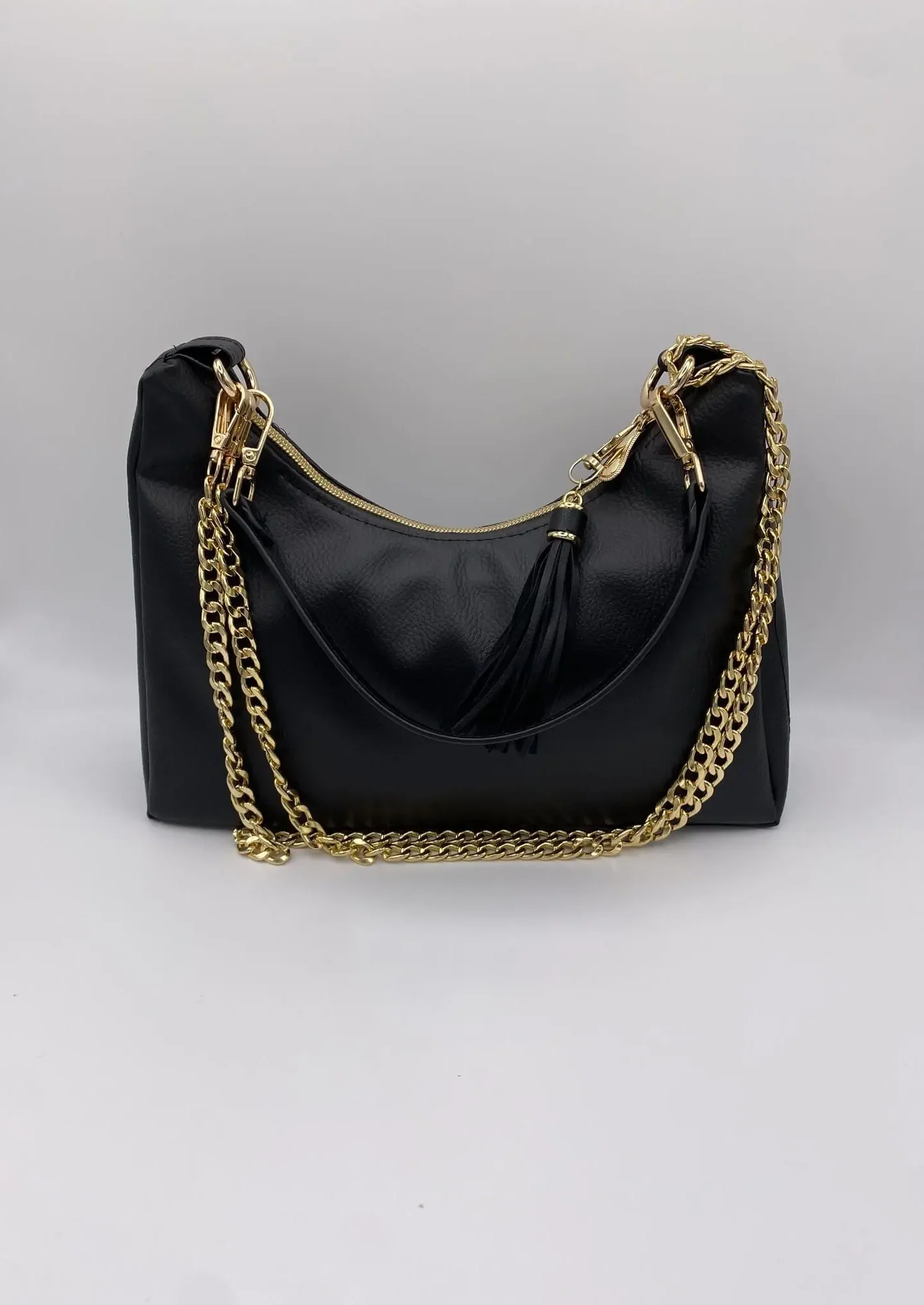 SAC BAGUETTE SIMILI CUIR NOIR CHAINE OR