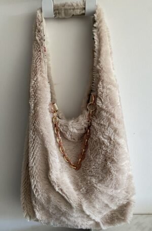 ENSEMBLE SAC DEMI LUNE FAUSSE FOURRURE CREME ET SON PORTE MONNAIE