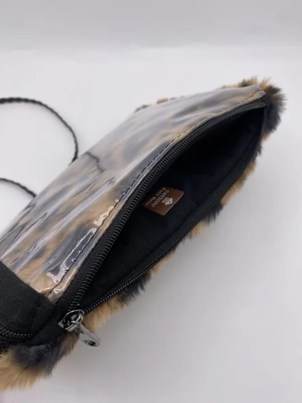 Pochette téléphone fausse fourrure noire et marron