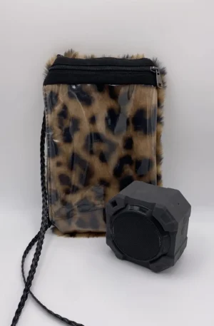 Pochette téléphone fausse fourrure noire et marron