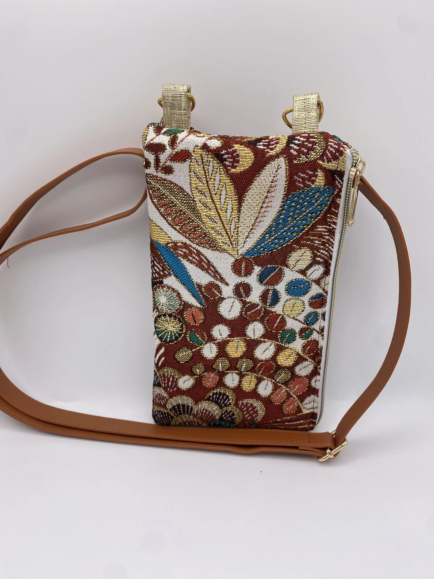 POCHETTE TELEPHONE JACQUARD FEUILLES DOREES
