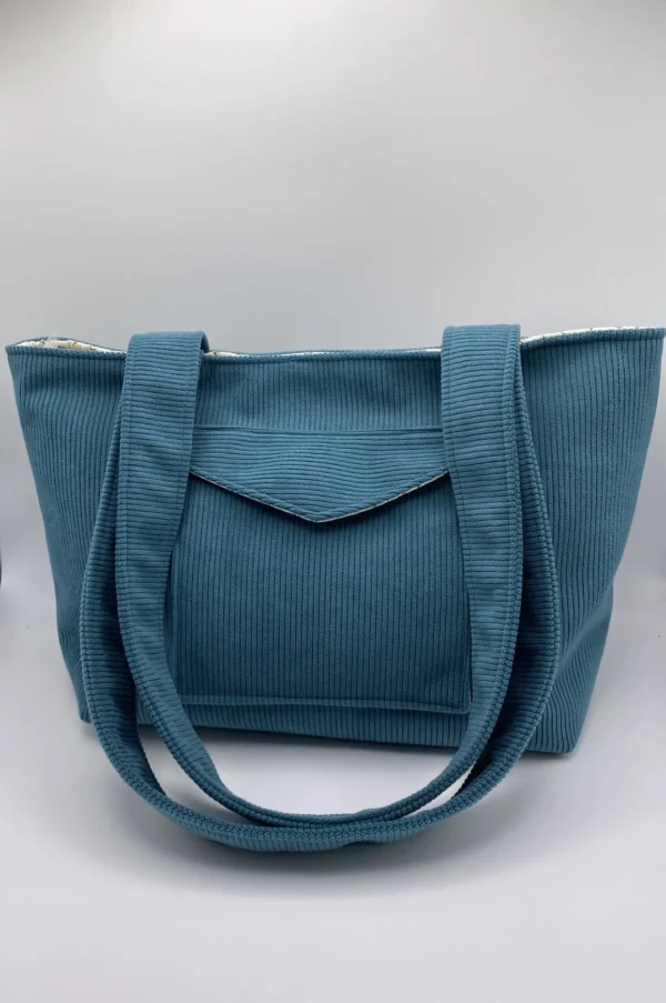 CABAS VELOURS BLEU CANARD TAILLE L