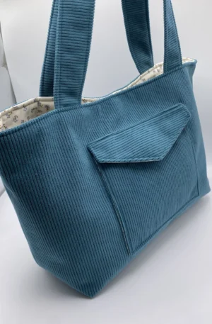 CABAS VELOURS BLEU CANARD TAILLE L