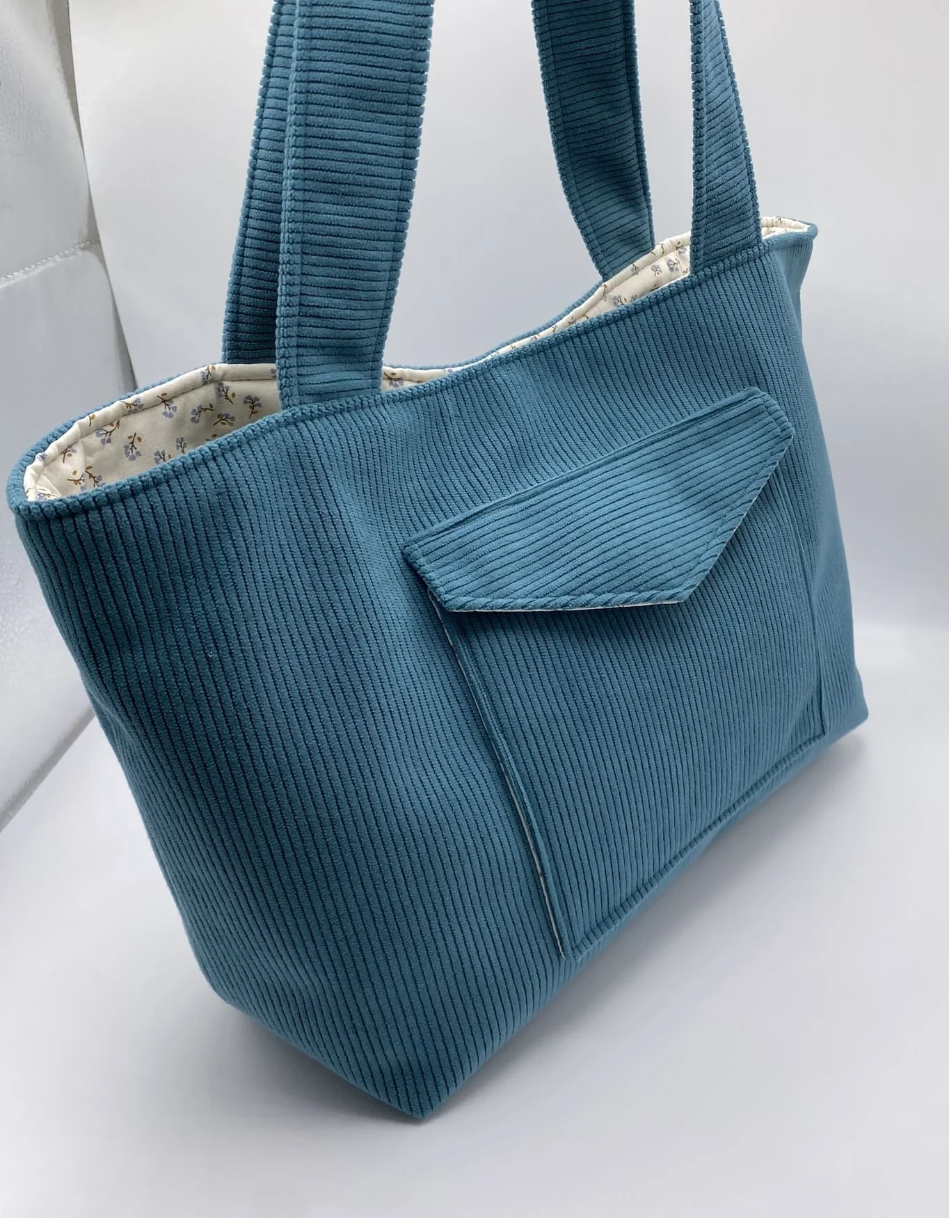 CABAS VELOURS BLEU CANARD TAILLE L