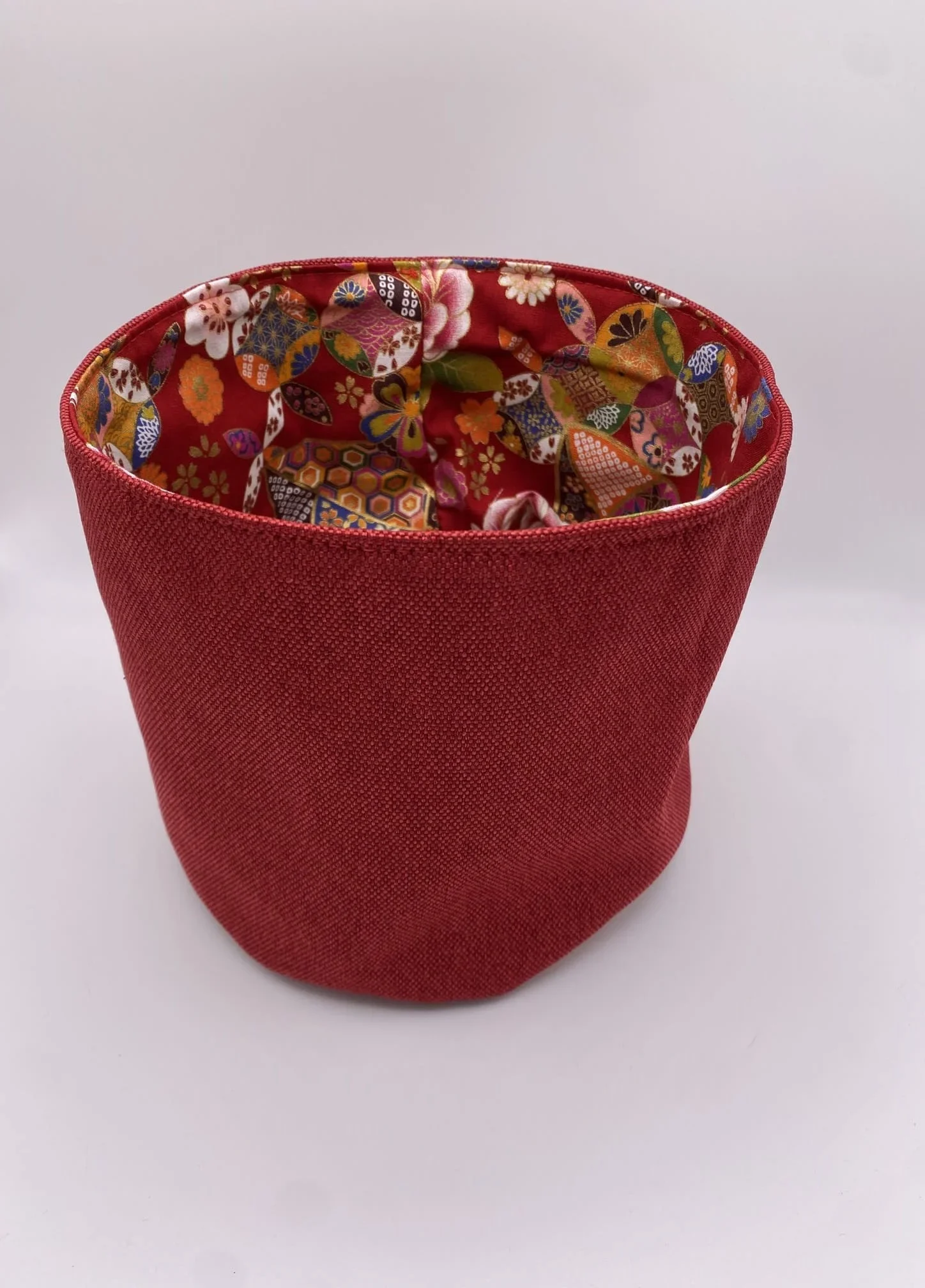 PANIERE TISSU AMEUBLEMENT ROUGE COTON JAPONAIS GROSSES FLEURS