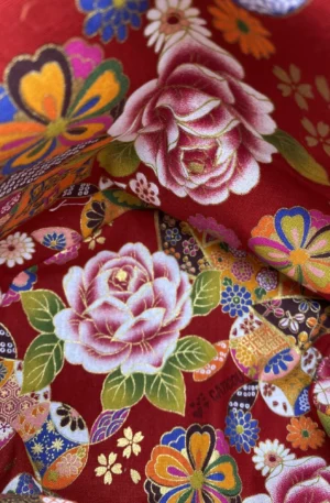 PANIERE TISSU AMEUBLEMENT ROUGE COTON JAPONAIS GROSSES FLEURS