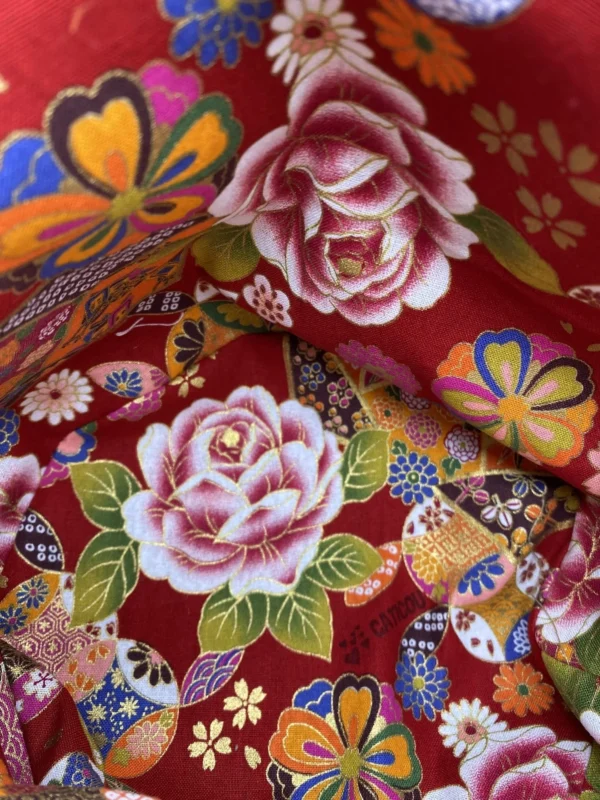 PANIERE TISSU AMEUBLEMENT ROUGE COTON JAPONAIS GROSSES FLEURS