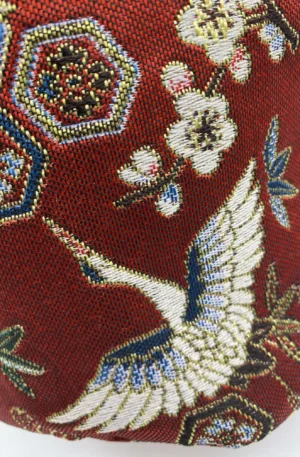 PANIERE TISSU JACQUARD GRUES ROUGE BORDEAUX ET TISSU AMEUBLEMENT BEIGE