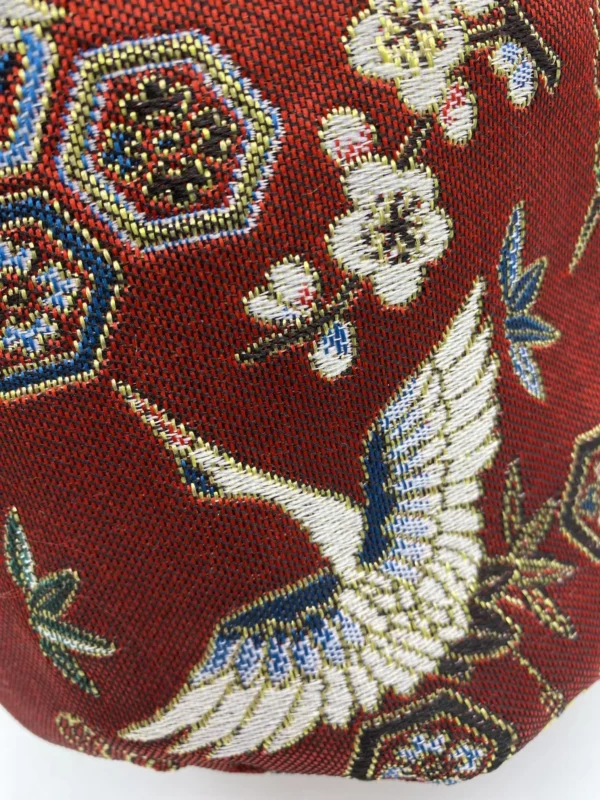 PANIERE TISSU JACQUARD GRUES ROUGE BORDEAUX ET TISSU AMEUBLEMENT BEIGE