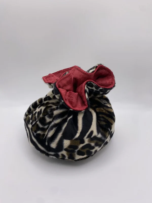 PANIERE TISSU AMEUBLEMENT EFFET SUEDINE ROUGE BORDEAUX ET TISSU IMITATION FOURRURE NOIR ET MARRON