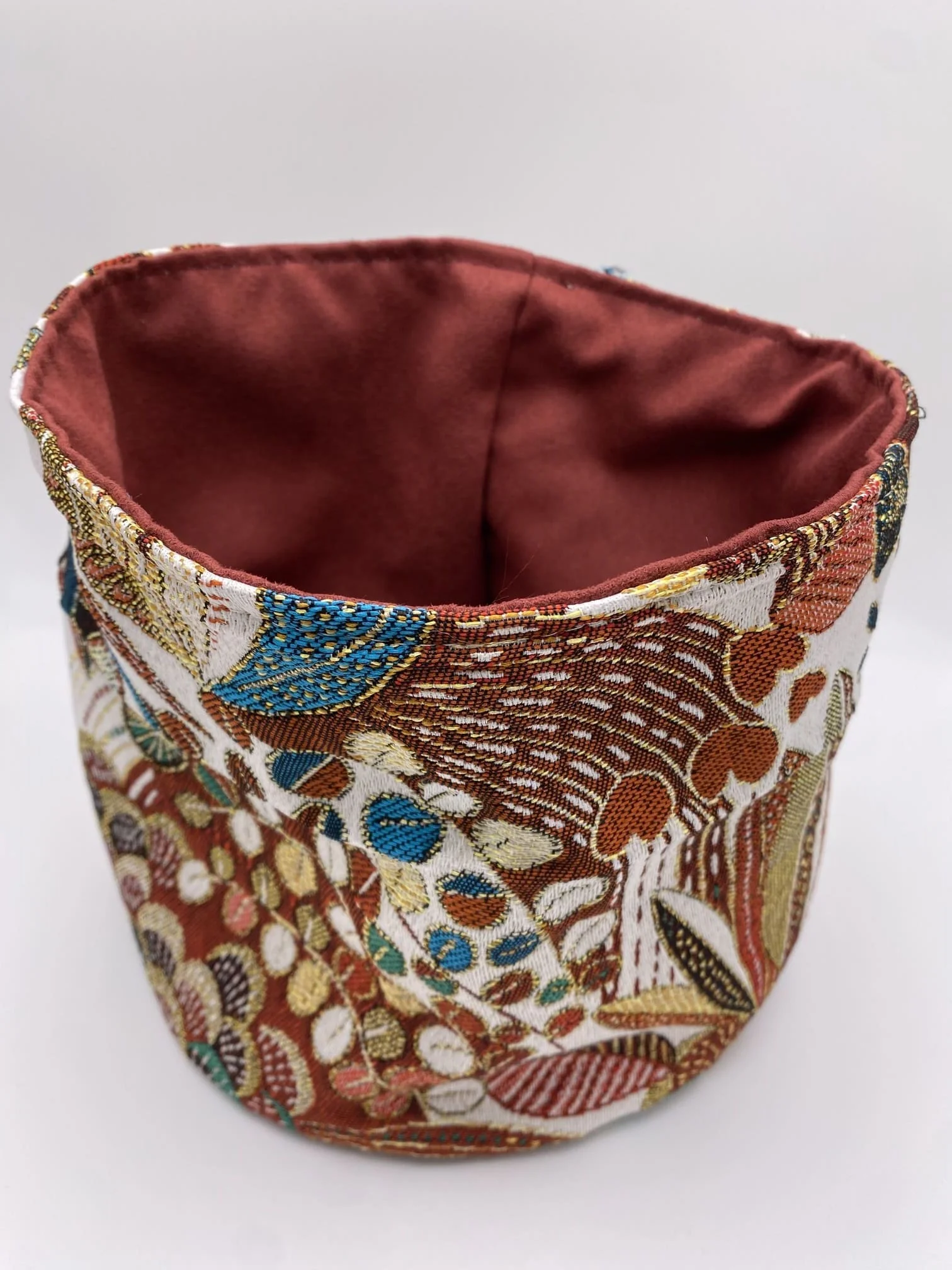 PANIERE TISSU AMEUBLEMENT ROUILLE ET JACQUARD FEUILLES DOREES & ROUILLES