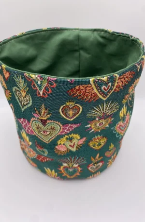 PANIERE TISSU JACQUARD COEURS VERTS ET DEMI NATTE VERT