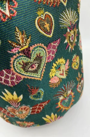 PANIERE TISSU JACQUARD COEURS VERTS ET DEMI NATTE VERT