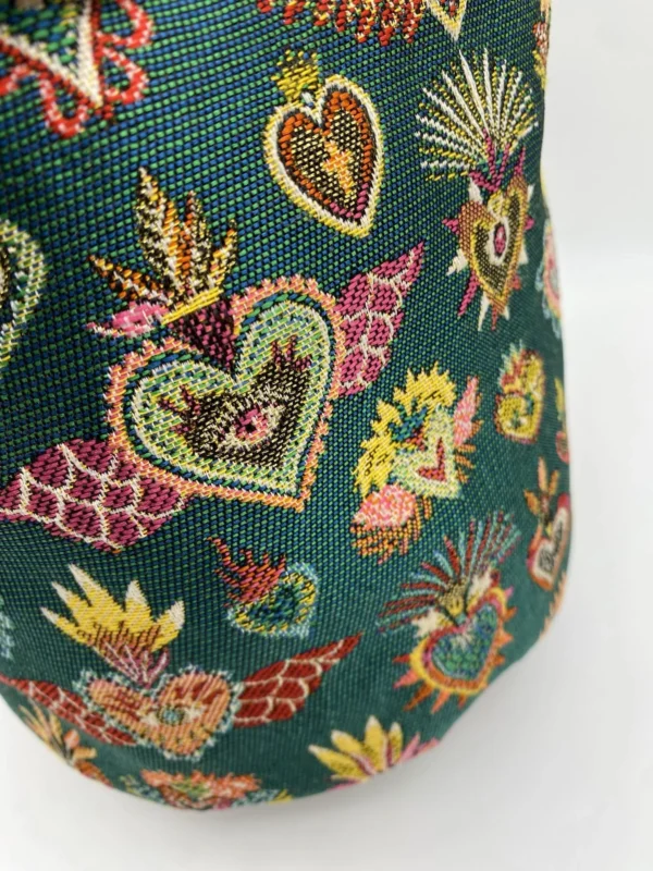 PANIERE TISSU JACQUARD COEURS VERTS ET DEMI NATTE VERT