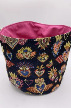 PANIERE TISSU JACQUARD COEURS BLEUS ET DEMI NATTE ROSE