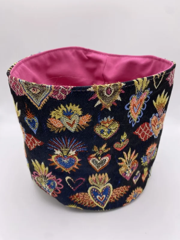 PANIERE TISSU JACQUARD COEURS BLEUS ET DEMI NATTE ROSE