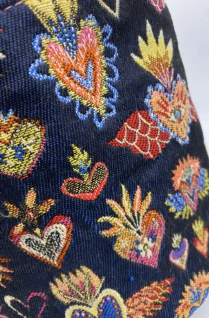 PANIERE TISSU JACQUARD COEURS BLEUS ET DEMI NATTE ROSE