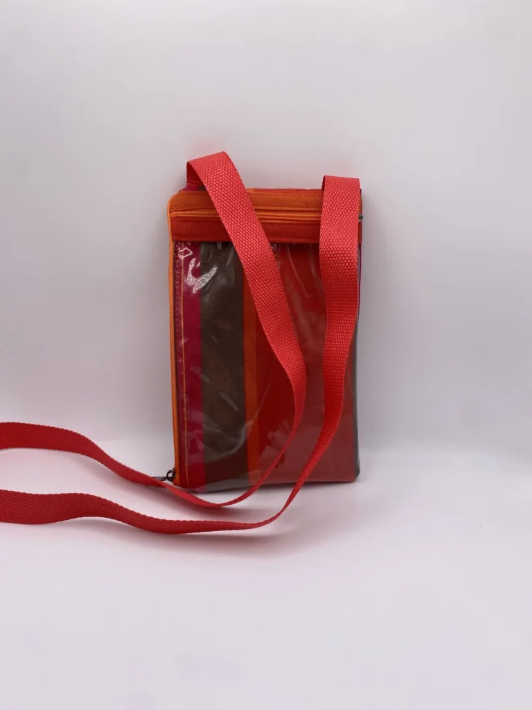 POCHETTE TEL ORANGEE ROUGE RAYURE DRALON